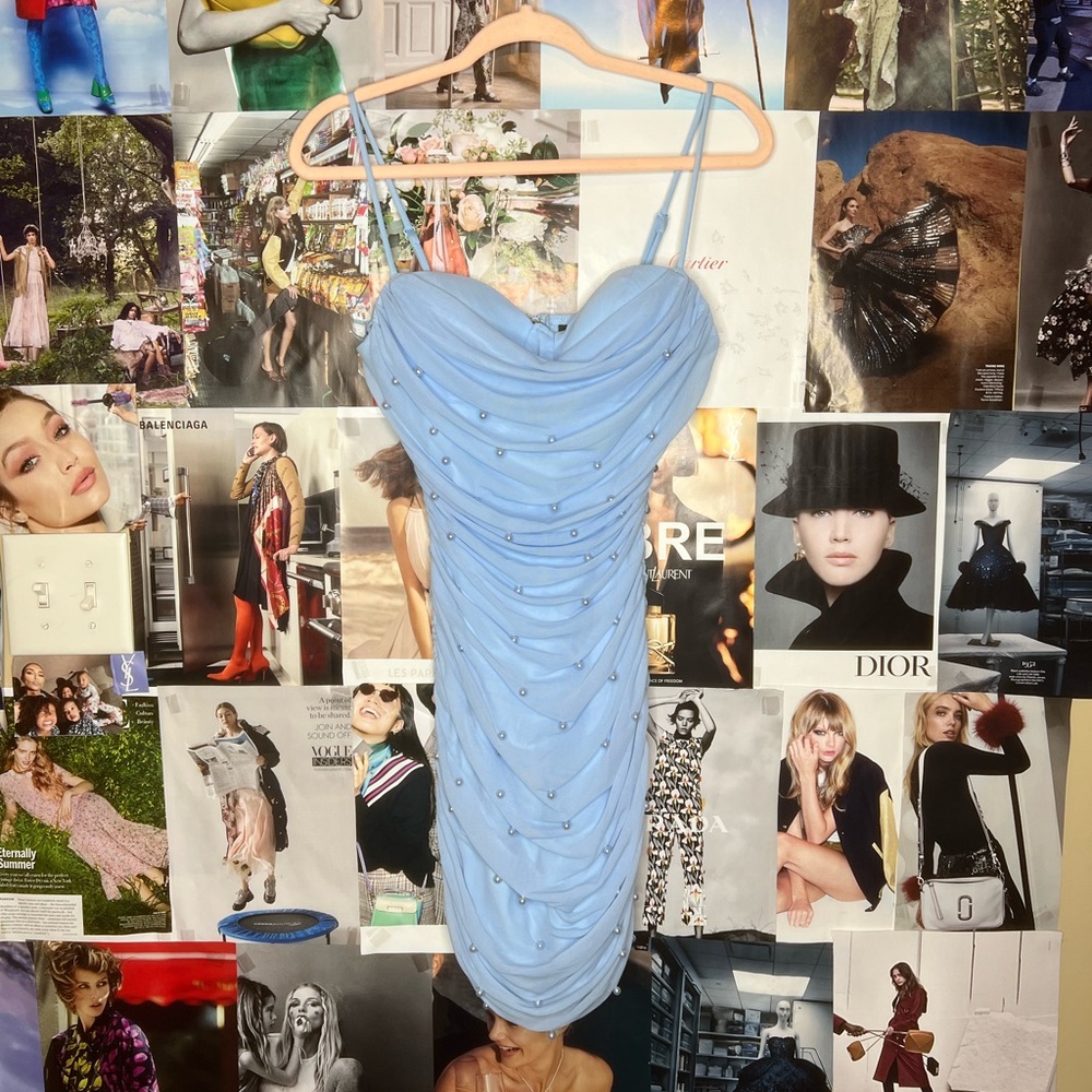 Windsor Baby Blue Mini Dress with Pearl Embellishments, Size Large
